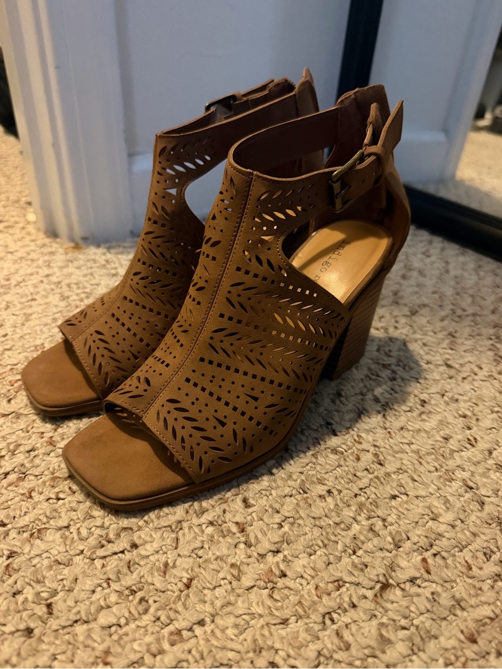 Indigo Tan Laser-Cut Open-Toe Block Heel Sandals